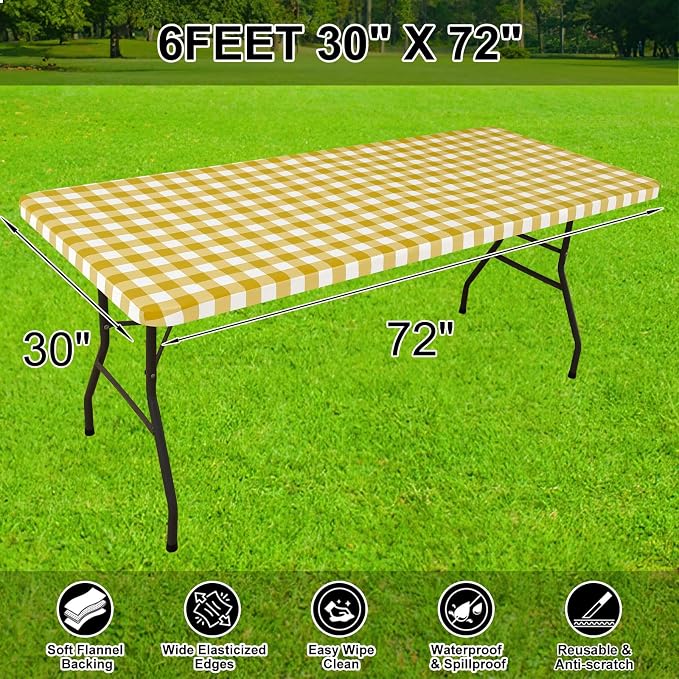 Smiry Rectangle Picnic Table Cloth, Elastic Waterproof Fitted Vinyl Tablecloths, Flannel Backed Buffalo Plaid Table Covers for Dining, Camping, Outdoor (Gold and White, 30" x 72")