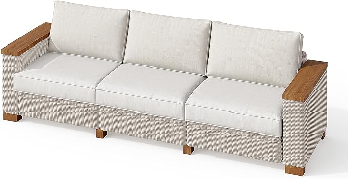 PaPaJet Outdoor Patio Sofa, 3 Seat Wicker Couch with Solid Armrests & Legs, 4.7" Thickened Removable Cushions, UV-Resistant Modular Sofa for Porch, Backyard, Garden