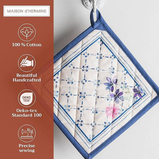 Maison d' Hermine Pot Holders 100% Cotton Heat Resistant Potholders 8" x 8" Hot Pads with Loop BBQ Cooking Baking Hotel Farmhouse Kitchen Handling Hot Pans Spring Summer (Pack of 1, Faience)