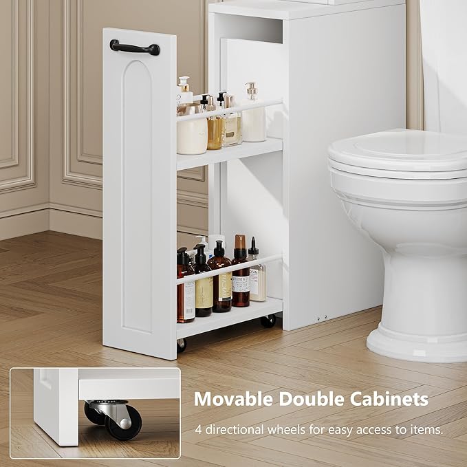 Einhomn Over The Toilet Storage Cabinet with Pulley, Space Saver Bathroom Organizer with Arched Doors & Open Shelves, Toilet Paper Holder Stand Toilet Rack for Bathroom, Restroom, Laundry, White