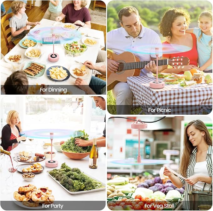 TriPole Fly Fans for Tables with Battery Display, Rechargeable, 20H Runtime | 2000mAh Rechargeable Food Fan, Quiet Operation, Flexible Neck for 360° Coverage Outdoor Fan for Picnic, Party, BBQ, Kitchen