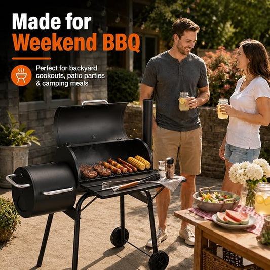 Outdoor Charcoal Grill & Smoker Combo - Dual Chamber, Heavy-Duty Steel, Black - Ideal for BBQ, Backyard Cooking, Camping - Portable Grill with Enhanced Thermometer, Easy Mobility,camping grill