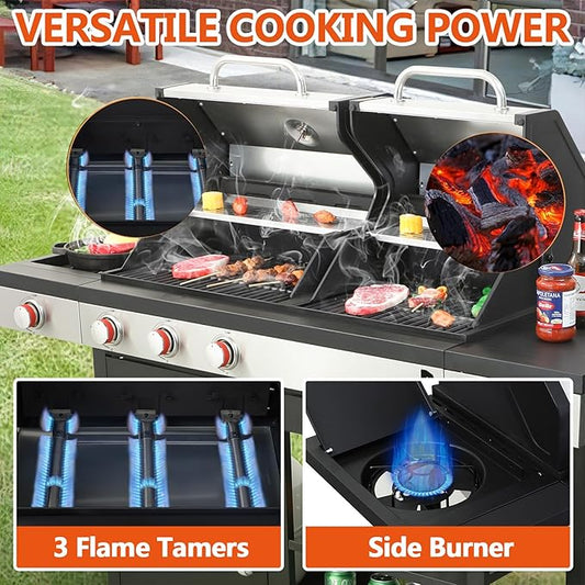 Gas and Charcoal Grill Combo, 3 Burner Gas Grill with Side Burner & Enameled Cast Iron Cooking Grids, 37230 Btu Stainless Steel Burner Barbecue Grills for Patio, Camping, 504 SQIN Cook Area