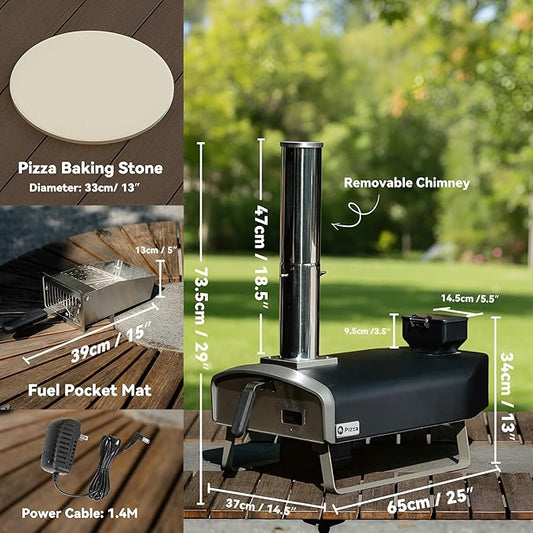 Wood Pellet Pizza Oven with Rotatable Stone, Portable Pellet Pizza Oven with Chimney and Door, Outdoor Pizza Stove for Backyard, Camping, Picnicking, RV, Tailgating, PS106