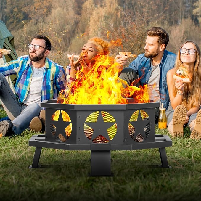 Panovue 32 inch Fire Pit for Outside, Heavy Duty Wood Burning Fire Pits with Fire Poker, Outdoor Octagonal Firepit for Camping, Yard, Patio