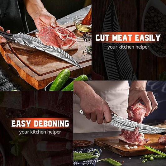 Huusk Feather Knife Hand Forged Japan Viking Knives High Carbon Steel Butcher Boning Knife for Meat Cutting Japanese Chef Knives Cooking with Sheath for Kitchen Camping Gift for Dad