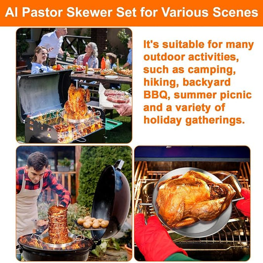 Al Pastor Skewer for Grill, 10 Inch Gyro Pan with Fat Separator | Brazilian Spit Stand with 5 Spikes & 2 Brushes, Stainless Steel Vertical Sticks for Tacos, Shawarma, Chicken on Smoker Oven