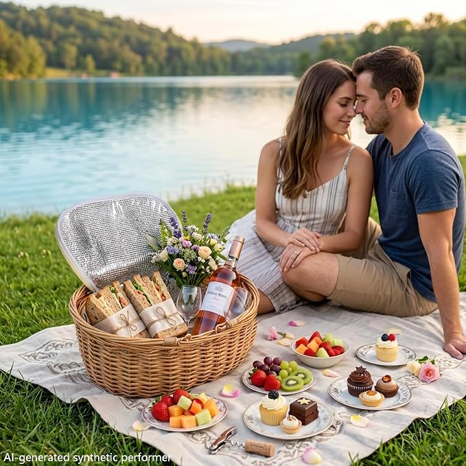 Wicker Picnic Basket 15"x11"x7" Insulated Liner Red White Blue Star | Insulated Zip Liner Helps Keep Drinks and Snacks Cool, Sturdy Woven Basket Suits Parks, Camping, Holidays and Gift Giving