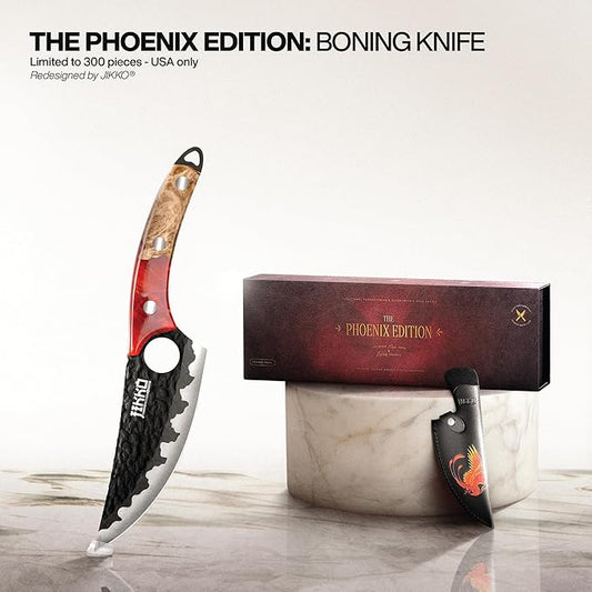 Jikko Japanese Knife Phoenix Edition Chef’s Knife, classic silhouette revisited: Forged & Hammered Blade, Black Titanium-Nitride Matte, Handcrafted Olive Wood & Resin Handle