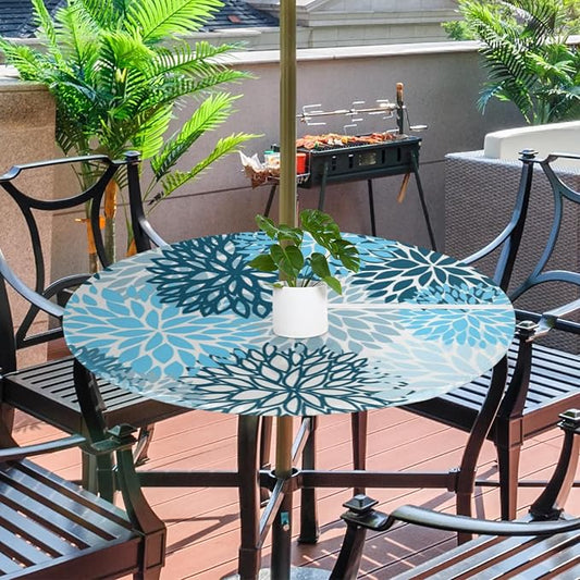 Round Tablecloth with Umbrella Hole and Zipper Elastic Fitted Table Cloth 45"-56" Oil-Proof Waterproof Patio Table Cover for Outdoor Dining Picnic Party, Spring Summer Blue Floral