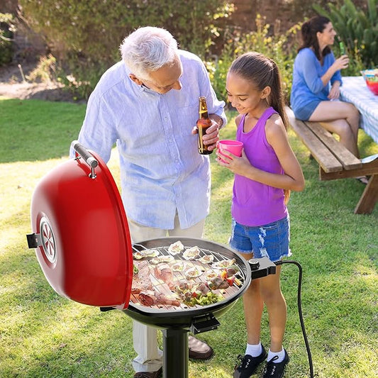 Giantex Electric Grill Indoor Outdoor, 1600W Portable Barbecue Grill with Removable Non-Stick Grilling Rack, Adjustable Temperature, Oil Drip Tray, for Picnic Camping Backyard Cooking (Red)