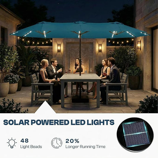 15FT Large Outdoor Patio Umbrella with Solar Lights and Base, Double-Sided Table Umbrellas with 48 LED Lights, Rectangle Market Umbrella for Pool, Deck, Backyard