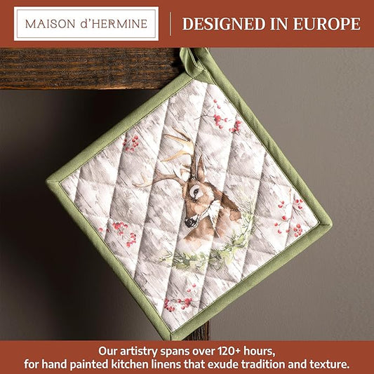 Maison d' Hermine Pot Holders 100% Cotton Heat Resistant Potholders 8" x 8" Hot Pads with Loop for Thanksgiving Christmas Decorations BBQ Cooking Baking Handling Hot Pans (Pack of 1, Mountain Life)