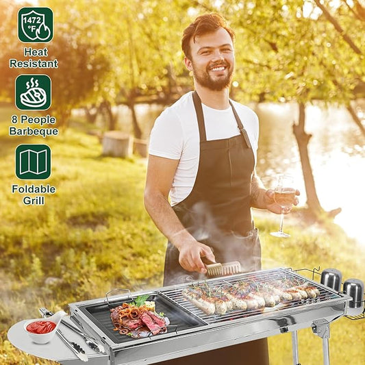 Portable Charcoal Grill, Folding Barbecue Grill with Storage Shelf, 39" x 13.39"x 27.56" Stainless Steel BBQ Smoker Barbecue Tool Kits for Outdoor Cooking Camping Hiking Picnics Backpacking (Large)
