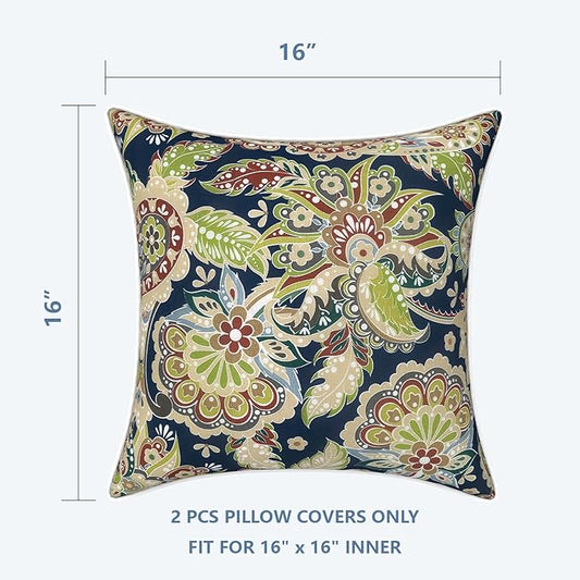 LVTXIII Outdoor Pillow Covers Set of 2, Patio Waterproof Throw Pillow Cases Fade Resistant Accent Pillow Covers for Spring Summer Garden Decoration, 16x16, Paisley Sapphire Blue