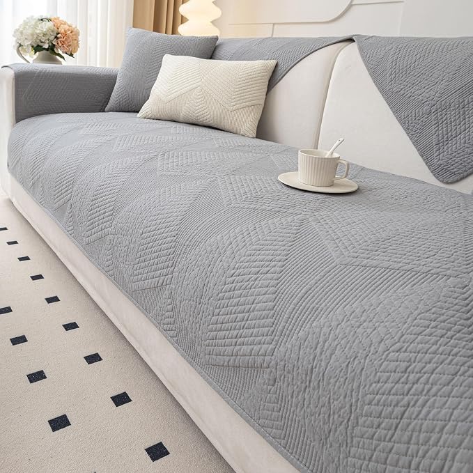 vctops Cotton Quilted Couch Covers for Sectional Sofa (Grey,28"x59") | Geometric Washable Non Slip Sofa Slipcover for Dogs, Children, Pets Furniture Protector Cover