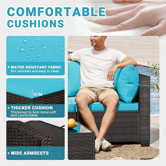 LAFWELL 7 Pieces Outdoor Patio Furniture Sets,Rattan Conversation Sectional Set,Manual Weaving Wicker Patio Sofa with Tea Table