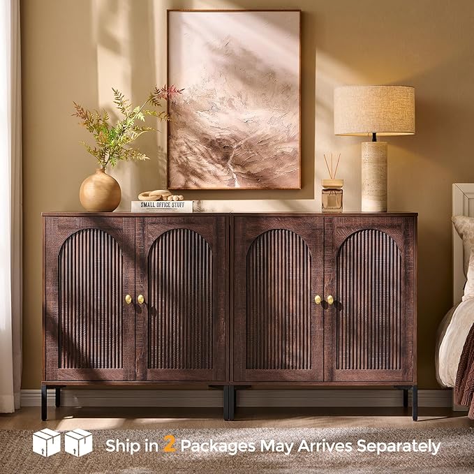 IFBUY Modern Sideboard Buffet Cabinet, 61.75" W Fluted Arched Buffet Cabinet with Storage and Adjustable Shelves, Wooden Modular Coffee Bar Cabinets for Kitchen, Entryway, Brown