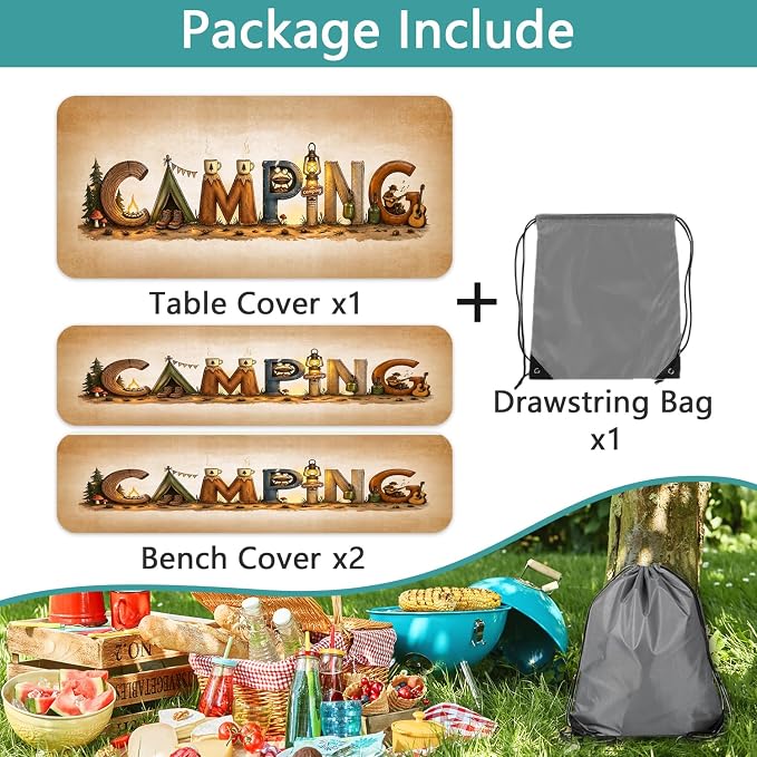 3PCS Vintage Camping Picnic Table Cover with Bench Covers & Storage Bag, 30x60 Inch Rustic Retro Camping Themed Waterproof Fitted Outdoor Patio Tablecloth with Elastic Edges for Campsite RV Backyard