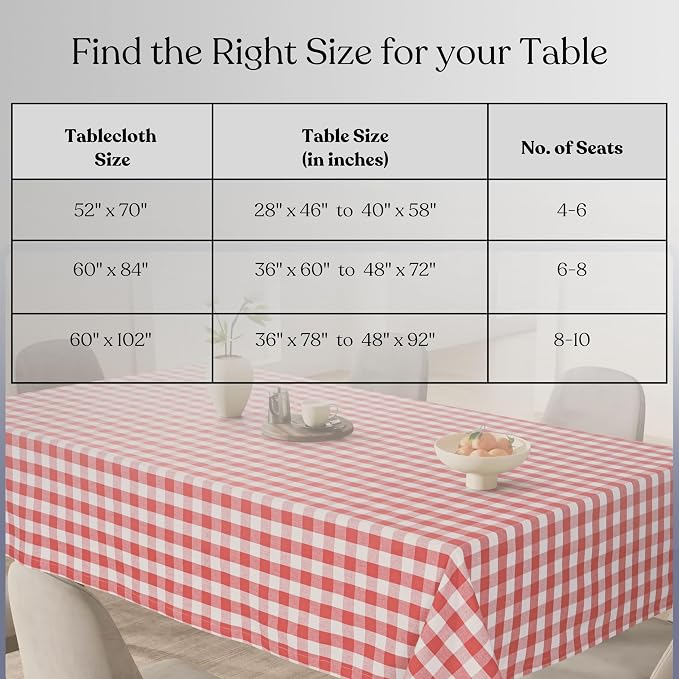 Gingham Checkered Tablecloth 60x84 Inch, 100% Cotton, Classic Check Pattern, Washable Table Cover for Farmhouse Decor, Picnics, Holiday Meals, Party, Everyday Dining, Red White