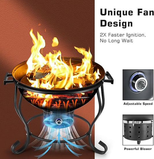 18 Inch Portable Charcoal Grill with Adjustable Fan, Outdoor BBQ Fire Pit, Easy to Light Charcoal/Wood, Small Round Kettle Smoker for Backyard Cooking, Barbeque, Camping, Black