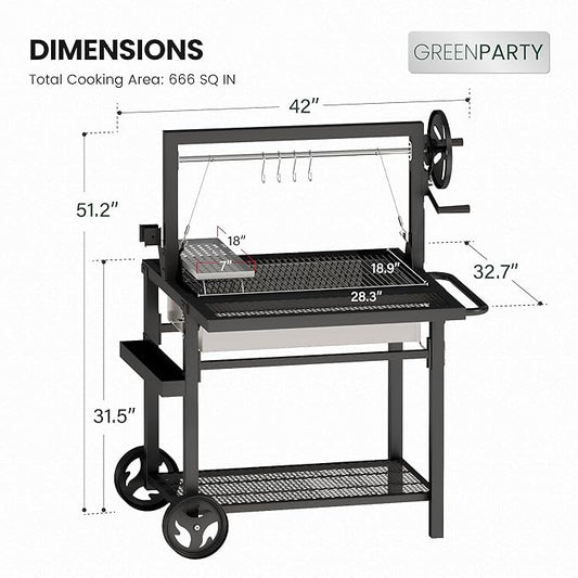 Argentine Santa Maria Grill, Wood Fire & Charcoal BBQ Grill with Adjustable Height Grates, Argentinian Open Fire Grill with S-Hooks and Foldable Front Table for Outdoor Patio Backyard Gaucho Grilling