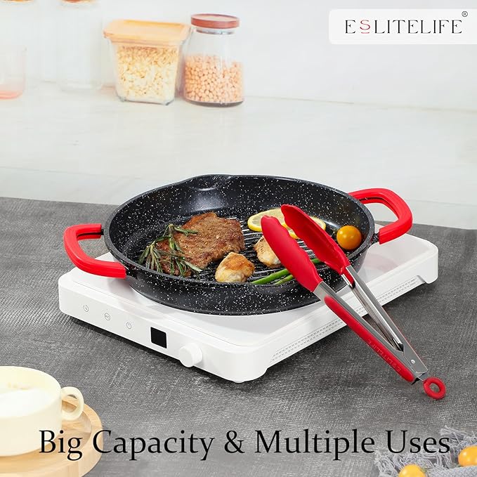 ESLITE LIFE Nonstick Grill Pan with Lid & Tongs for Stove Tops, 11 Inch Versatile Round Big Grilling Steak Pan with Pour Spouts for Indoor & Outdoor Cooking, PTFE & PFOA Free, Black