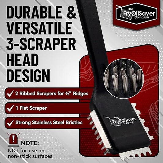 Panini Grill Brush Cleaner - Commercial BBQ & Electric Press Scraper – Heavy Duty Stainless Steel Bristles - 3-in-1 Head Grill Brush w/Scraper for Ribbed or Flat Surfaces by FryOilSaver Co - 90052