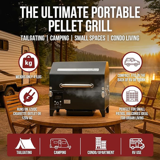 Freedom Portable Pellet Grill & Smoker: Digital Display, Dual Meat Probes, 242 sq in Cooking Area, AC/DC Powered, Black