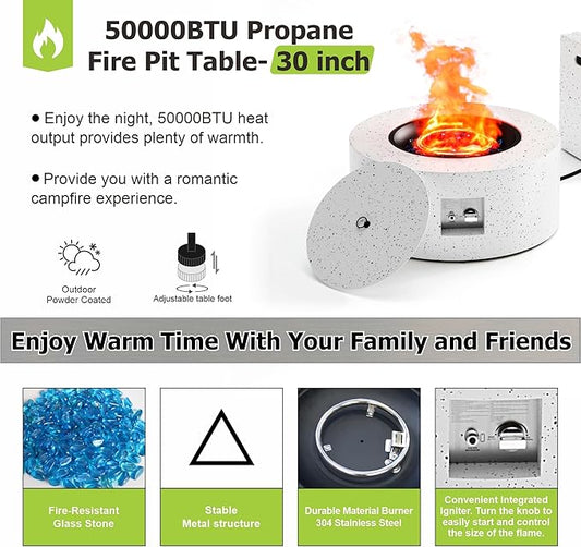2-Piece Outdoor Propane Fire Pit Table Set w Tank Side Table 30'' Round Fire Pit Table 2-in-1 Firepit Table for Outside Patio Gas Fire Pit w 304 Stainless Steel Burner 50,000 BTU,Speckled White