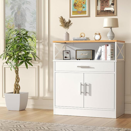 Shintenchi Kitchen Buffet Cabinet with Adjustable Shelf, Modern Kitchen Storage Cabinet,Farmhouse Coffee Bar Cabinet(White)