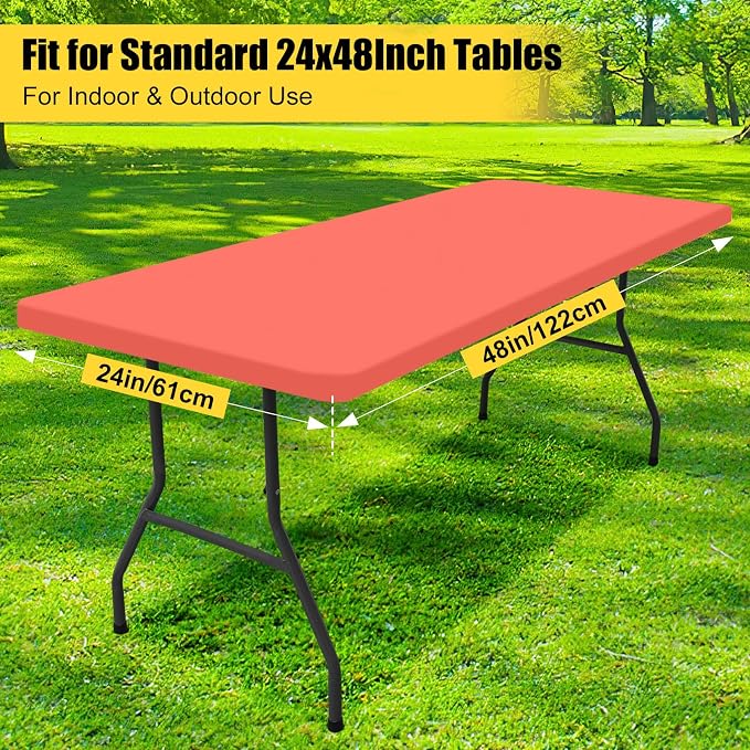 Smiry Rectangle Picnic Table Cloth, Waterproof Elastic Fitted Tablecloths for 4 Foot Tables, Washable Polyester Table Cover for Camping, Indoor and Outdoor (Coral Red, 24"x48")