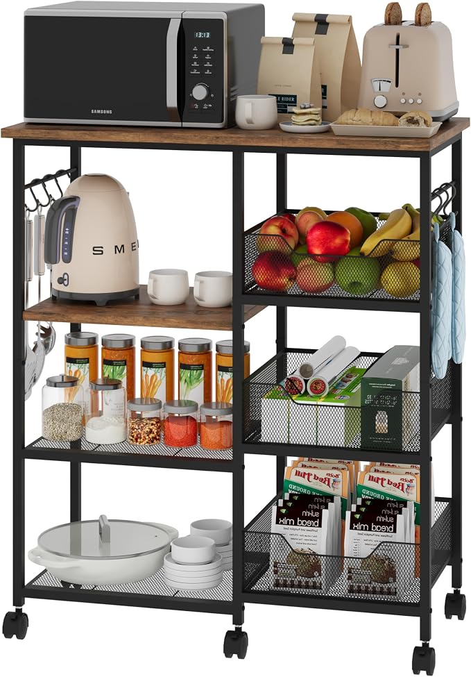 SWTYMIKI Microwave Cart with Storage - 28.35x14.57in Rolling Kitchen Table Cart with Storage Shelves, 6 Removable Hooks& Locking Casters, Coffee Bar Cabinet for Dining Room Pantry Office, Espresso