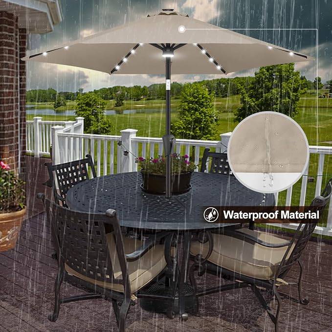 FLAME&SHADE Solar Patio Umbrella with Centre Light, 7.5 FT Taupe | UV Protection, Small Solar Outdoor Umbrella for Porch, Deck, Backyard, Garden, Provides Evening Lighting, 24 LED Lights