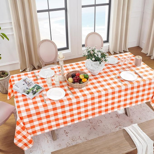 Softalker Gingham Checkered Tablecloth Rectangle - Outdoor Waterproof Buffalo Plaid Table Cloth, Stain Resistant Washable Table Cover for Picnic, Camping, Dining - Orange and White, 60 x 102 Inch