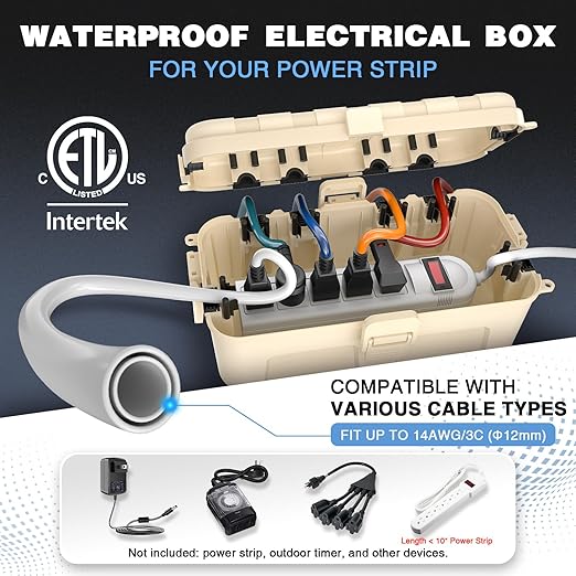 Flemoon Medium Outdoor Electrical Box (11.5x5.2x4 inch), IP54 Waterproof Extension Cord Cover w/6 Cable Entry Ports, Weatherproof Connection Box for Power Strip, Timer, Holiday Lights, Almond