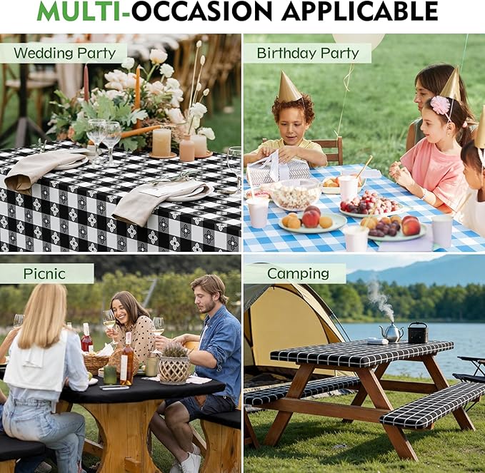 Picnic Table Cover with Bench Covers, Waterproof Tablecloth Set, Black | Fitted 6ft Tables, for Outdoor Camping, RV, Includes 1 Table Cover(30"x72"), 2 Bench Covers(72"x12"), Drawstring Storage Bag