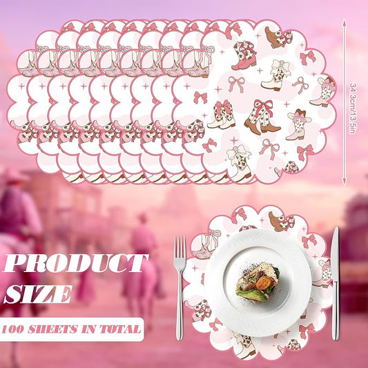 100 Pcs Cowgirl Party Paper Placemats 13.5 Inch Scalloped Pink Bow Paper Placemat Disposable Coquette Decorative Table Mat for Western Themed Birthday Bachelor Baby Shower Wedding Decoration