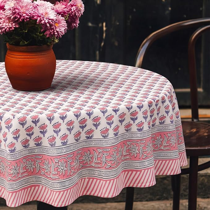 Block Print Tablecloth, 60 x 60 inch Fabric Square Table Cover Flower Table Cloth for Mahjong Weddings Spring Summer and Barbeque Farmhouse Dining Dinner Tablecloth(Style A,Pink)