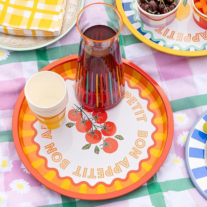 Talking Tables Large Round Serving Tray for Drinks, Snacks, Condiments Decorative and Colorful Tomato Design Summer Dining, BBQ, Outdoor Dining Garden Parties Made of Tin 12inches
