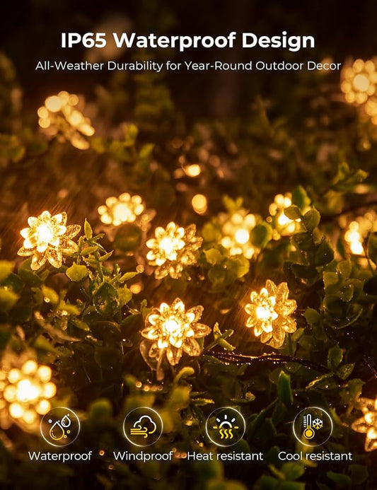 Brightown 50 LED Warm White Solar Flower String Lights Outdoor, IP65 Waterproof Fairy Lights, 8 Modes Solar Christmas Lights Outdoor for Garden Fence Yard Lawn Tree Wedding Party