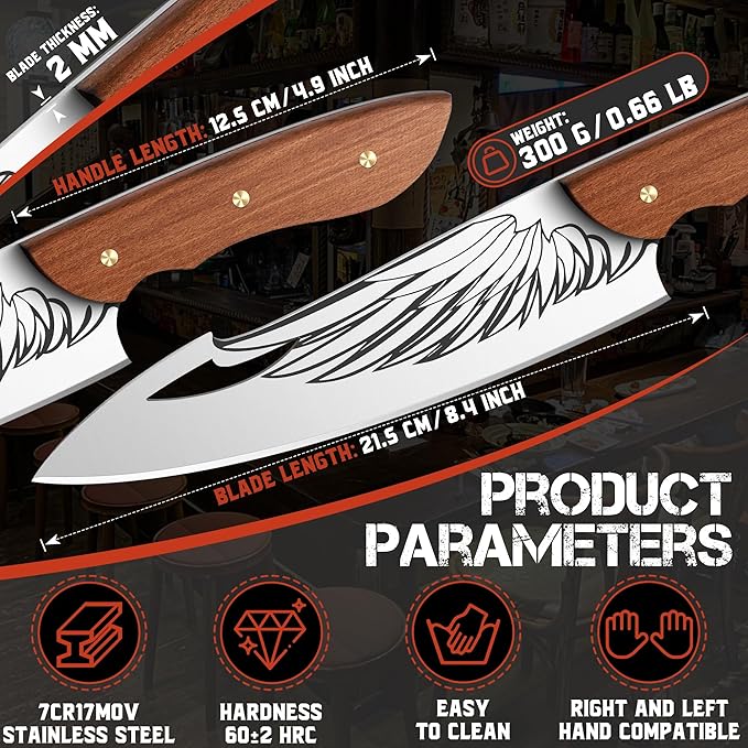 ROCOCO Cleaver Knife for Meat Cutting Butcher Viking Boning Knife Hand Forged In Fire Chopping Cutter with Sheath Outdoor BBQ Camping Birthday Christmas Chef Gift Idea Men 8.4"