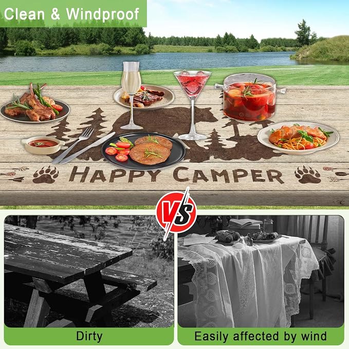 Picnic Table Cover with Bench Covers and Bag, Rustic Bear Camping Fitted Tablecloth Cover with Elastic Edge, Wooden Camper Waterproof Windproof for Indoor & Outdoor, Garden, 3 Pieces Set, 30x72 Inch