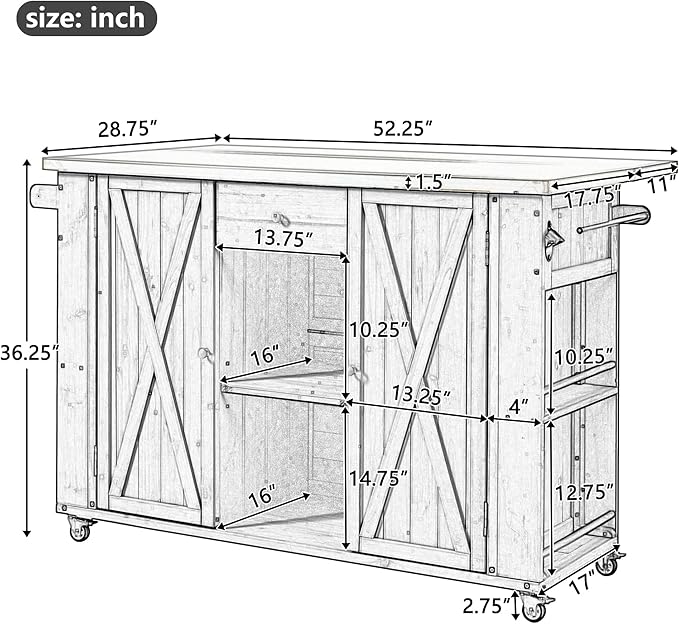 52.25" W Outdoor Grill Cart Table with Stainless Steel Tabletop, Patio Kitchen Island Storage Cabinet for BBQ, Bar