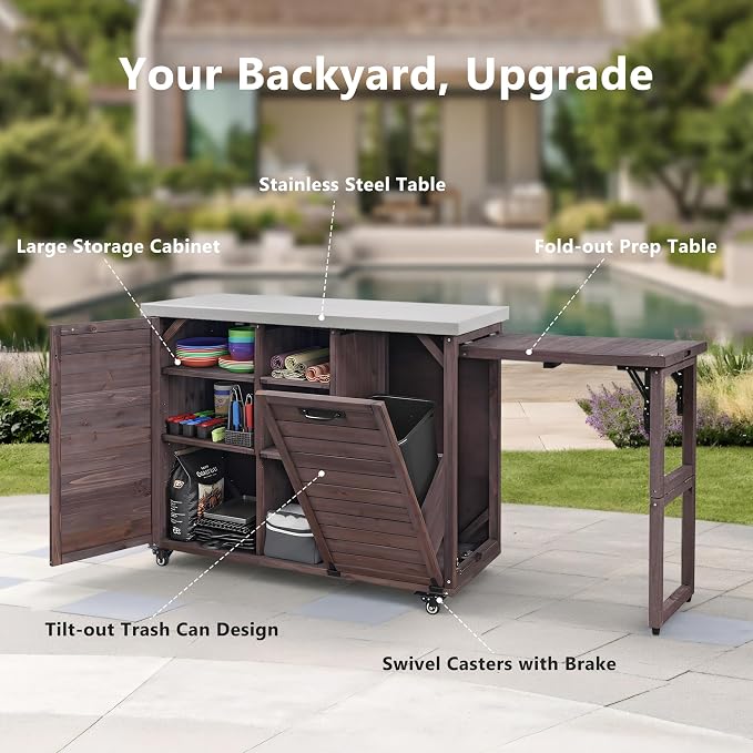 JIVOIT 78.3" Outdoor Kitchen Island with Foldable Table, Wooden Outdoor Grill Cart with Trash Can Storage & Stainless Steel Top, Adjustable Shelf, Spice Rack, Modular Towel, Paper Rack