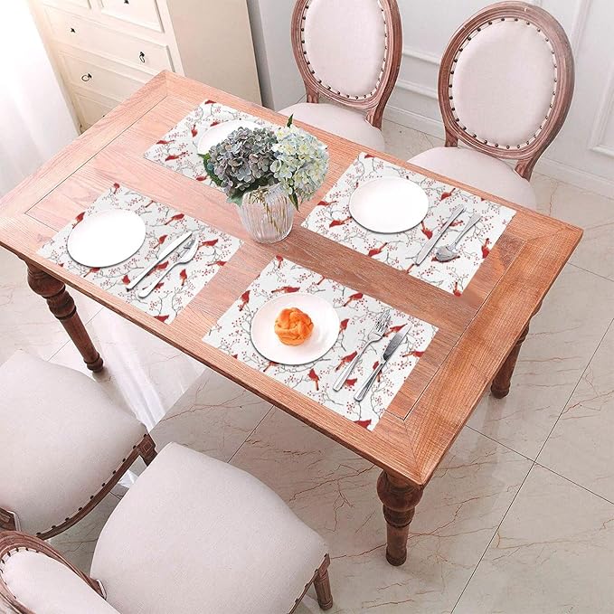 Cardinal Bird Red Berry Decor Placemats Set of 4 Linen 12x18 Inch | Decorative Table Mats for Kitchen Dining Table Heat Resistant Washable Place Mats Home Holiday Decor