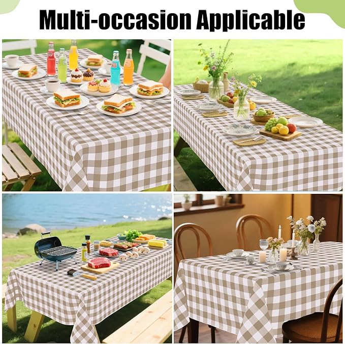 Smiry Picnic Table Cloth, Vinyl Tablecloths with Flannel Backing, 54"x54" | Waterproof Square Table Cloth, Wipeable Buffalo Plaid Table Cover for Indoor and Outdoor (Khaki & White)