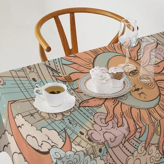 Retro Sun Moon Tablecloth Vintage Mystical Astrology Tarot Zodiac Galaxy Space Table Cloth Water Resistant Wipeable Table Cover for Farmhouse Picnic Party Holiday Kitchen Dinner Table 55"x55"