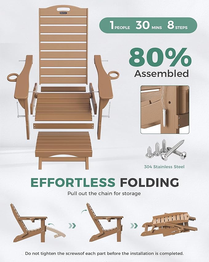 Adjustable Adirondack Chairs Set of 6 with Retractable Ottoman, HDPE Folding Adirondack Chair with Cup Holders, Weather Resistant for Backyard, Poolside & Fire Pit (Teak)