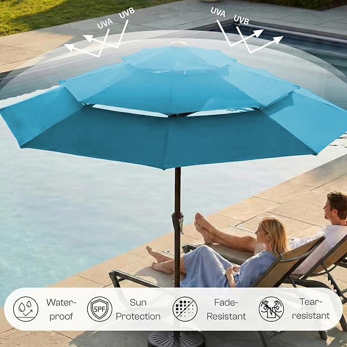 10ft 3-Tier Patio Umbrella with 32 Solar Powered LED Lights, Windproof Outdoor Market Umbrella for Deck, Poolside & Garden, Sturdy Push-Button Tilt Table Umbrella, Lake Blue